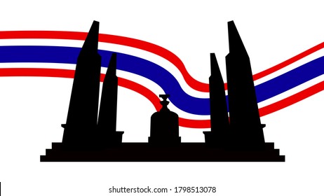 Silhouette Democracy monument of Thailand on Thai flag. Land mark in Bangkok. Illustrative democracy monument. Flat design.