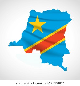 Silhouette of Democratic Republic of the Congo map filled with the national flag design, symbolizing pride, cultural heritage, and geographic vastness.  
