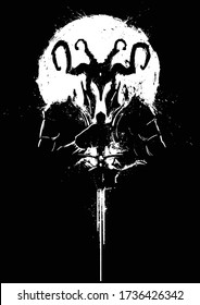 A silhouette of a demon in a horned helmet, with a sword held to its glowing chest, a white circle behind it, its eyes glowing in its black helmet . 2D illustration
