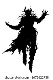 The silhouette of a demon wizard floating majestically in the air, dressed in a ragged robe, decorated with spikes and horns all over his body. 2D illustration