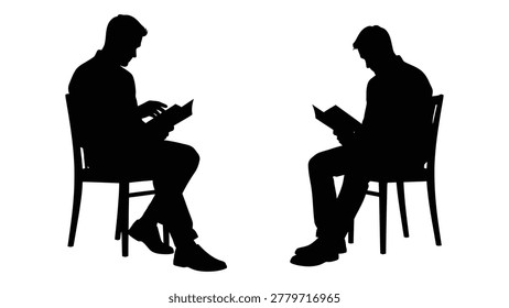 A silhouette depicting two men seated in chairs, each reading a book, isolated on a white background.
