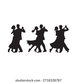 Silhouette depictions of three couples gracefully engaged in ballroom dancing