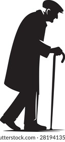 The silhouette depicts an elderly individual leaning slightly forward on a cane, wearing a long coat and a hat, suggesting a moment of reflection or tiredness. The figure's posture conveys a sense of solitude and introspection, emphasizing the challenges of aging and the need for support.