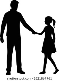 Silhouette depicts a father figure, dressed in casual attire, gently holding the hand of a young girl with a ponytail as they walk forward side by side.