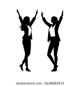 silhouette depicts friendship raising hands, happy celebrating success, on a white background, work friends, play friends.