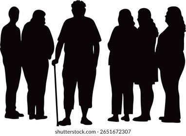 Uma silhueta retrata um grupo de pessoas em pé juntas. Uma pessoa segura uma bengala. A imagem transmite comunidade, apoio e assistência. Isolado no branco.
