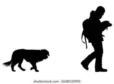 A silhouette depicts a hiker wearing a backpack and a dog walking side by side. It captures the essence of outdoor exploration, companionship, and the bond between human and animal.