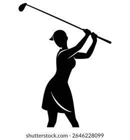 Silhueta retrata uma senhora golfista posicionada no meio do balanço, clube erguido alto contra um pano de fundo limpo, mostrando atletismo, foco e movimento preciso em monocromático.