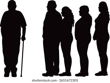 A silhouette depicts a man with a cane and four people standing in a line. The figures are black against a white background, creating a stark contrast and simple design.