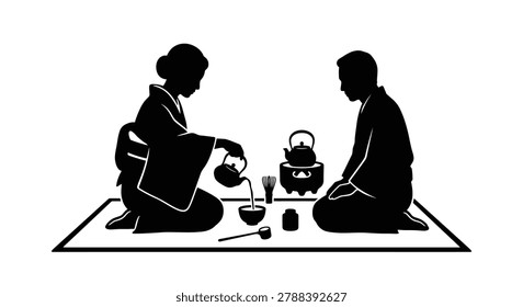 Silhouette depicts tea ceremony with two figures seated on floor mats, pouring and receiving tea from pots and cups.