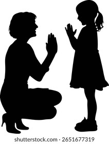A silhouette depicts a woman crouching and playing patty cake with a child. The child is wearing a dress. The image captures a loving and playful moment.