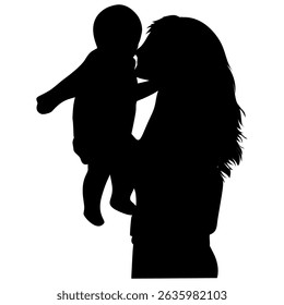 Silhouette depicts a woman holding a baby in her arms, presented in a black monochrome style against a transparent background, creating a symbolic image suitable for parenting themed designs.