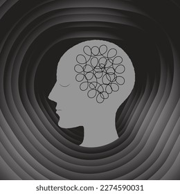 Silhouette of depressed and anxiety person head. memory loss, mental illness, thoughts, emotions concept. paper cut design vector