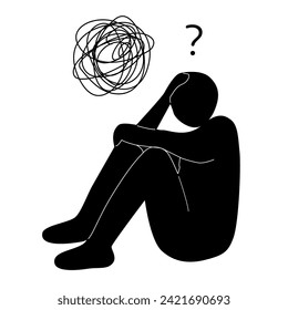 Silhouette of depressed man sitting on floor. Vector illustration. Sad man tensely thinking over problems. Mental health concept. Stress, despair, mental illness, frustration, hopelessness.