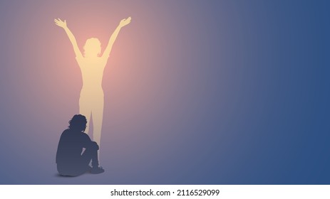 Silhouette of a depressed person sitting on the floor and happy one