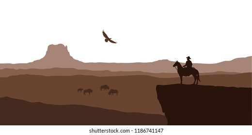 Silhouette of desert with cowboy on horse. Natural panorama of canyon with mountains. American landscape. Wildlife western scene. Vector illustration