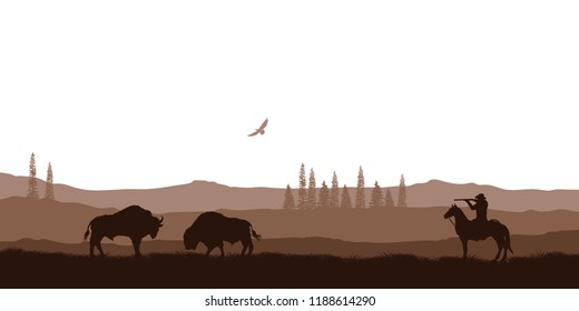 Silhouette of desert with cowboy on horse. Natural panorama of hunting scenery. American landscape. Wildlife western scene. Vector illustration
