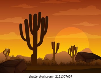 Silhouette desert forest at sunset time illustration