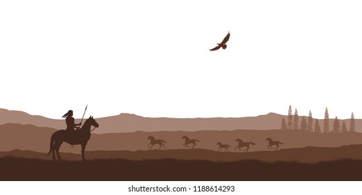 Silhouette of desert with indian on horse. Natural panorama of wilderness scenery. American landscape. Wildlife western scene. Vector illustration