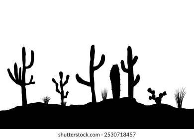 Silhouette einer Wüstenlandschaft mit Kakteen, Felsformationen und einer großen orangen Sonne in der Ferne. Der Farbverlauf des Himmels wechselt von gelb nach blass und ruft einen ruhigen Sonnenuntergang hervor