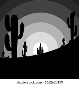Silhouette desert landscape with cactus and stone. Minimalist black