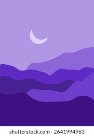 Silhouette Desert Landscape with Moon – Flat Vector Illustration