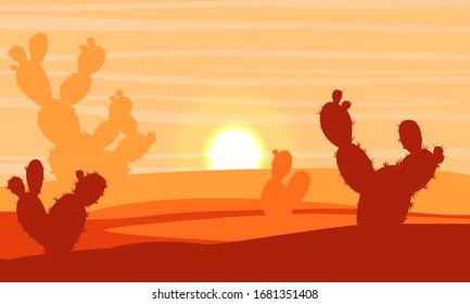 Silhouette. Desert with sand, stones and large green cacti Opuntia. Realistic vector landscape