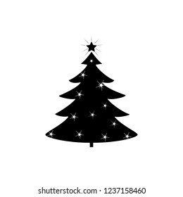 Silhouette design black spruce on white background. Christmas tree sign. Symbol of winter, decoration and Christmas holiday season. Isolated graphic element. Flat vector image. Vector illustration