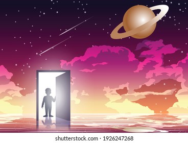 Silhouette design of boy is opening dimensional gate,vector illustration