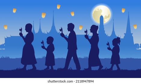 Diseño de silueta de budismo sosteniendo velas y flores caminando por la iglesia,ilustración vectorial