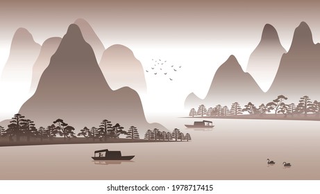 Silhouette design of China nature scenery with computer art,vector illustration