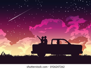 Silhouette design of couple on the back of truck to look stars,vector illustration