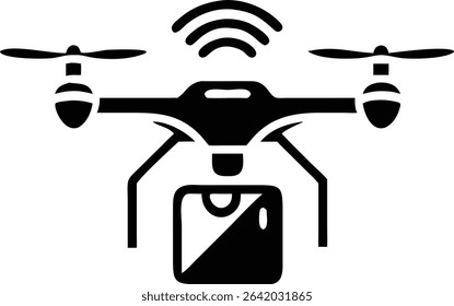 Silhouette design depicting futuristic smart delivery drone with ai sensor icon.