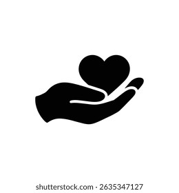 Silhouette design depicts a hand gently holding a heart symbol against a transparent backdrop. Represents love, care, and support.