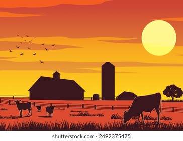 Silhouette design of farm while cows eating the grass on sunset time,vector illustration