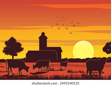 Silhouette design of farm while cows eating the grass on sunset time,vector illustration