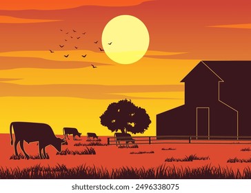 Silhouette design of farm while cows eating the grass on sunset time,vector illustration

