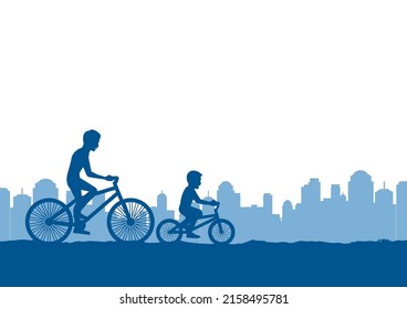 silhouette design of father and son cycling in the park,vector illustration
