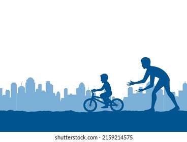 silhouette design of father teach son to ride bicycle,vector illustration