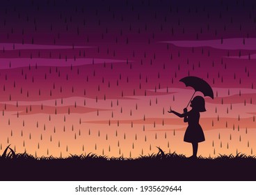 silhouette design of girl and umbrella in the middle of rain,vector illustration