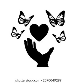 Silhouette design of a hand with a heart and butterflies symbolizing love and transformation