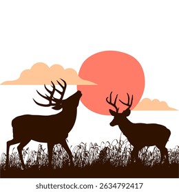 silhouette design illustration of deer in the meadow at dusk