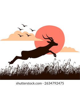 silhouette design illustration of deer in the meadow at dusk