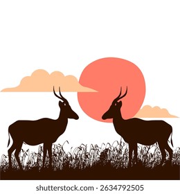 silhouette design illustration of deer in the meadow at dusk