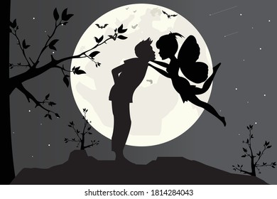 silhouette design illustration of a fairy and a boy in love