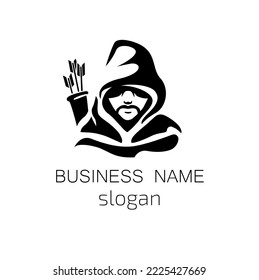 silhouette design logo retro archer robin hood fighter. male face with a beard. Vector flat illustration isolated on white background