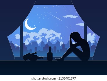 Silhouette design of lonely depressed man sit between lonely night in his room,vector illustration