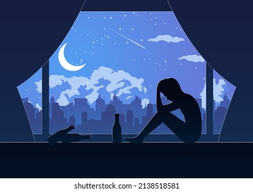 Silhouette design of lonely depressed man sit between lonely night in his room,vector illustration