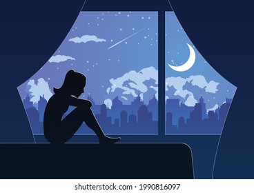 Silhouette design of lonely girl sit sadly in her room,vector illustration