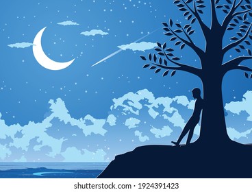 Silhouette design of lonely man on silent night at the riverside,vector illustration